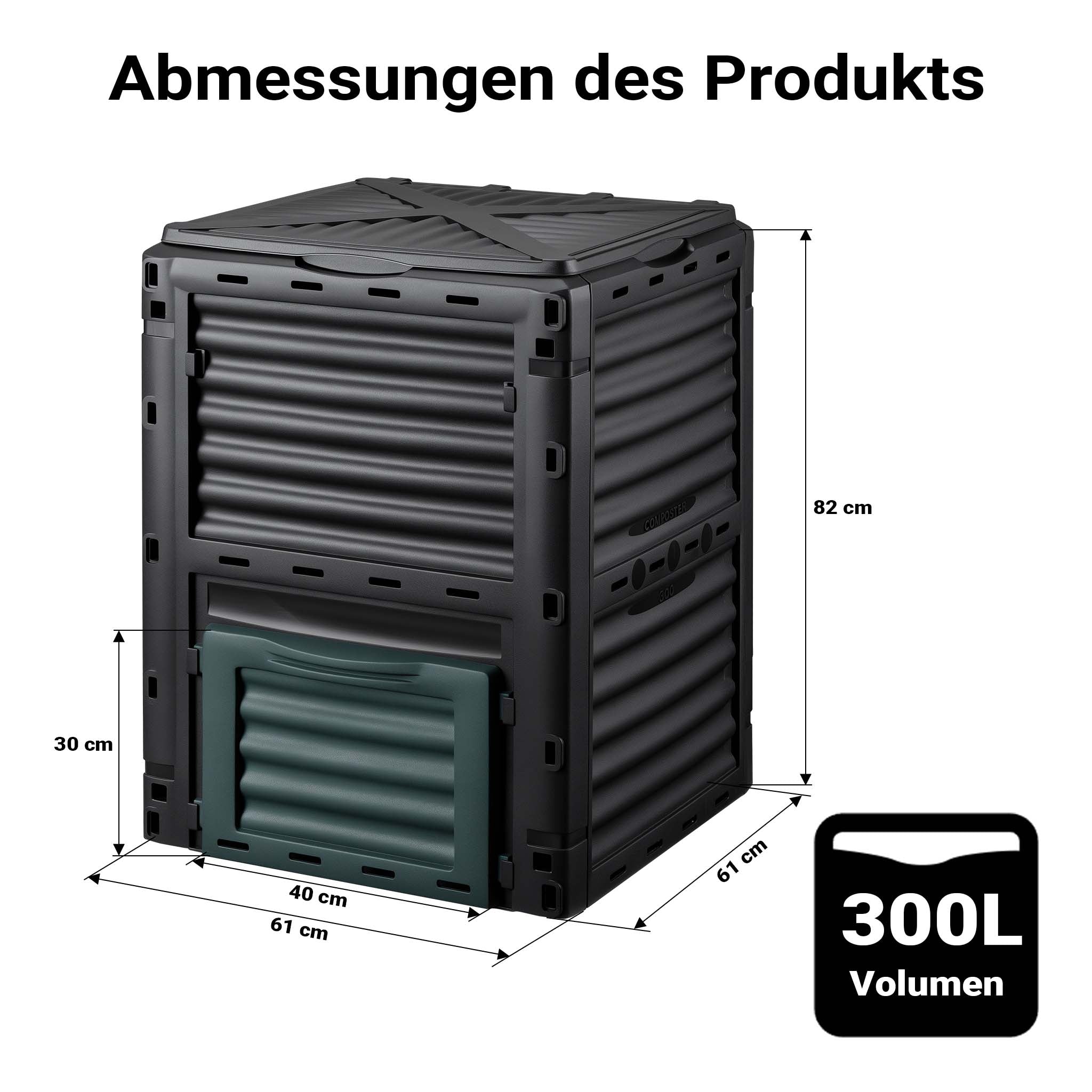 Compostiera da 300 litri 61 x 61 x 82 cm, compostiera da giardino in plastica per rifiuti organici, con coperchio e sportello inferiore per lo svuotamento