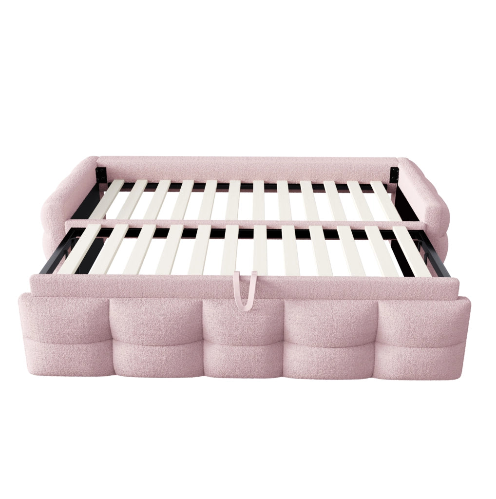 Letto imbottito estraibile 90/180x190 cm in tessuto Teddy rosa; con rete a doghe