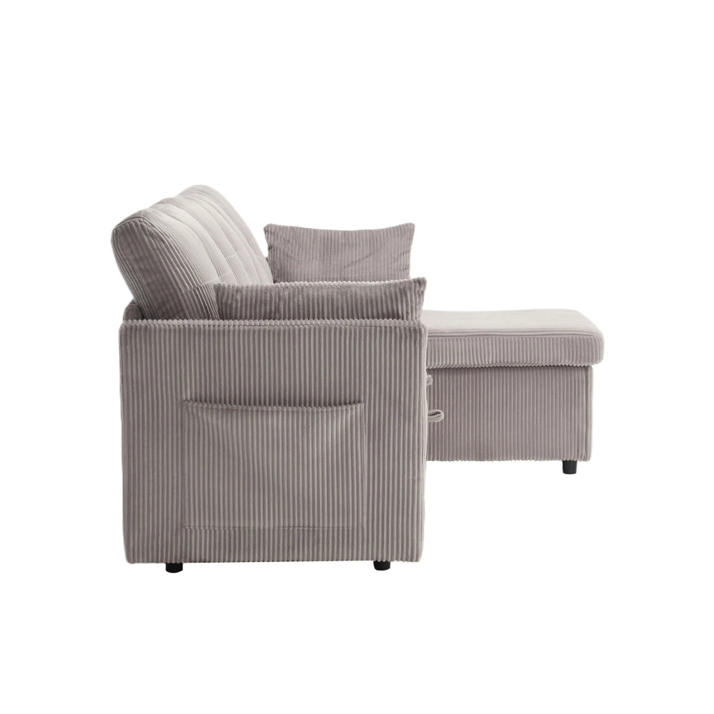 Divano letto angolare con contenitore e letto estraibile; chaise intercambiabile; grigio chiaro in velluto a coste