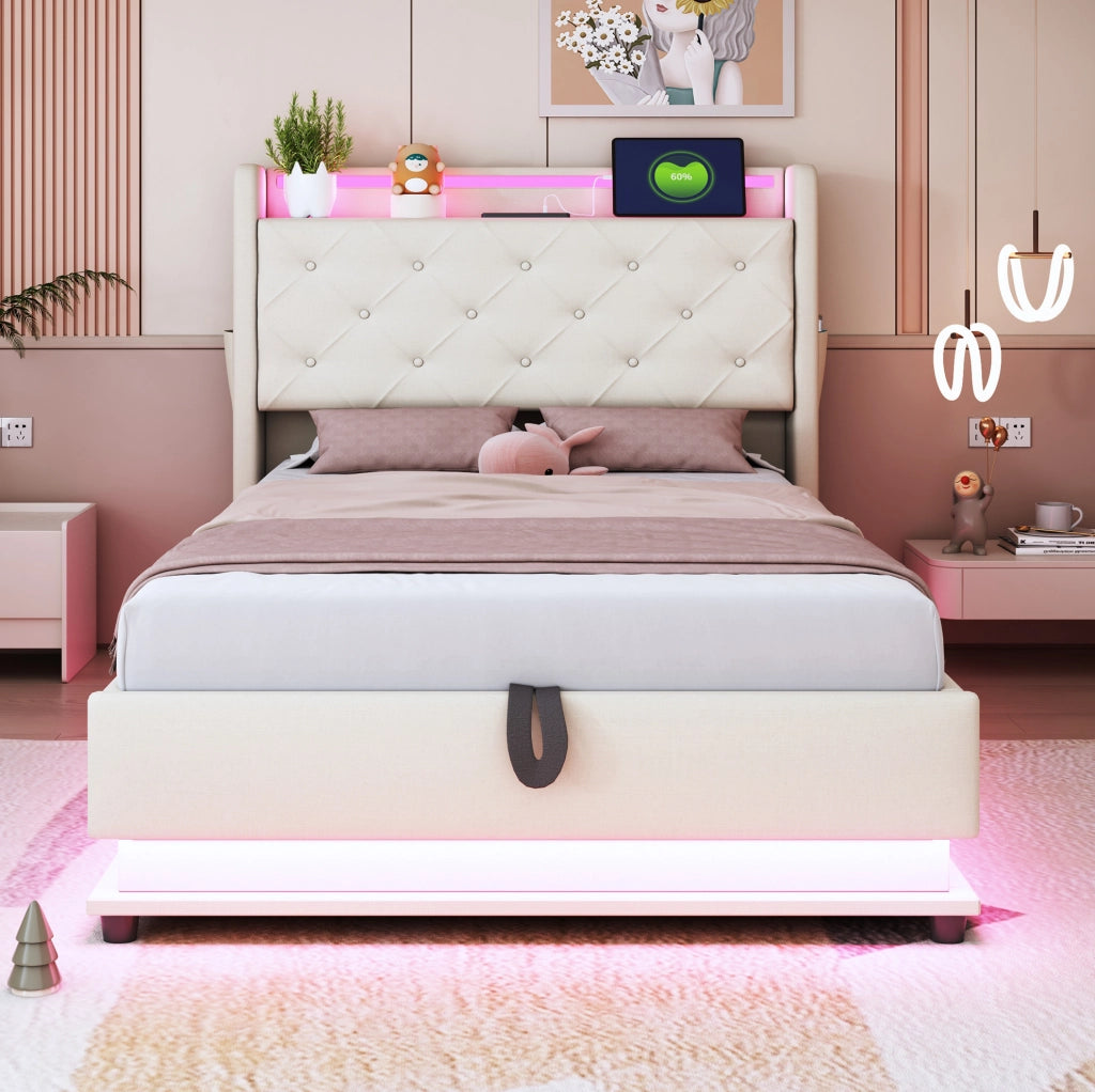 Letto imbottito per bambini 90x200 cm beige con LED e USB