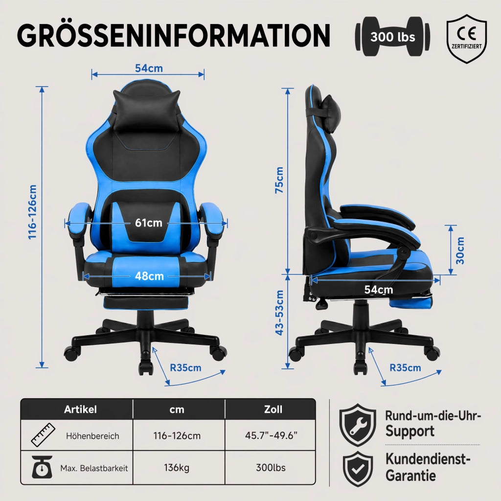 Chaise da ufficio gaming con tasca portaoggetti sul retro e cilindro pneumatico, in PVC nero e blu