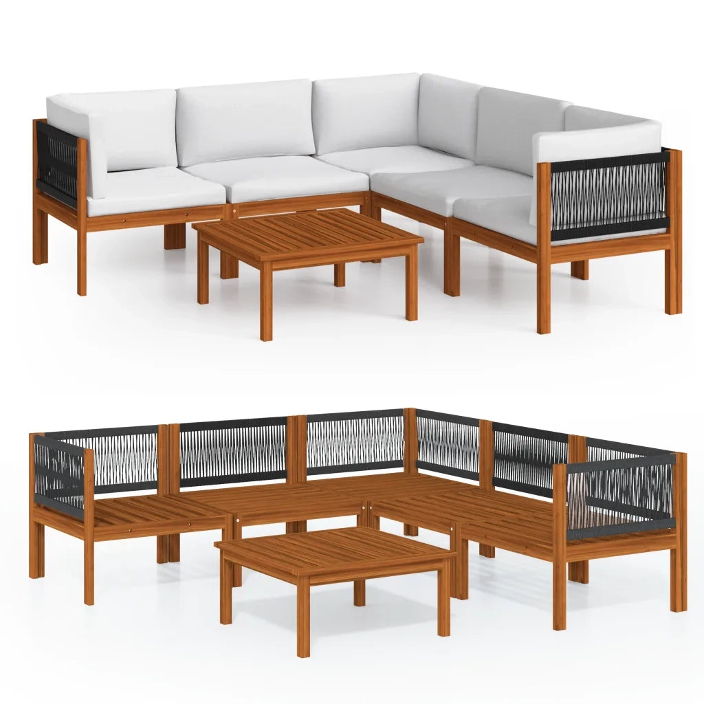 Set da giardino 6 pezzi con cuscini in legno crema, acacia e corda 3057888