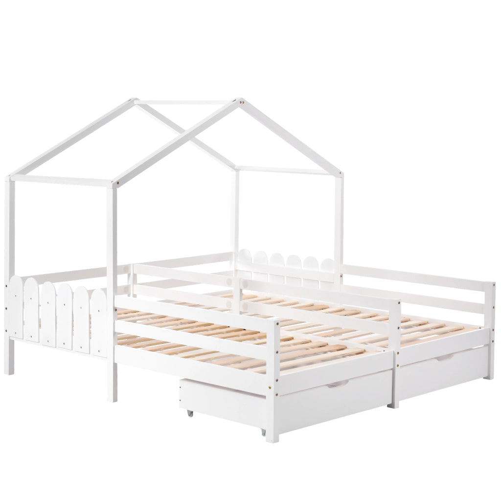 DESMIU Letto casetta per bambini 2 posti con 2 cassetti e sponde, 90 × 200 cm e 90 × 200 cm, senza materasso