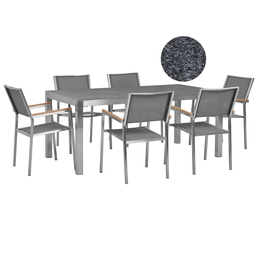 Set da pranzo da giardino grigio con piano in granito grigio 6 posti 180 x 90 cm