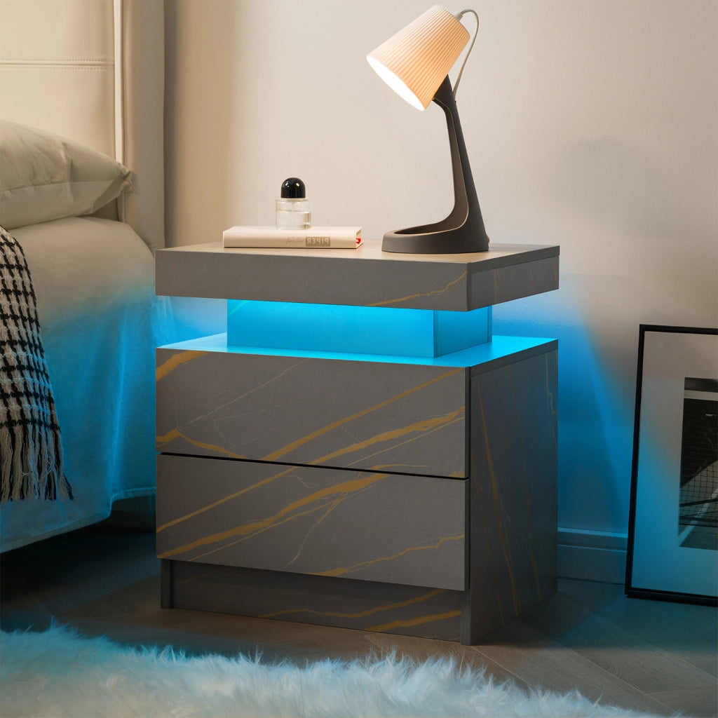 Comodino con LED e 2 cassetti con vano aperto per camera da letto e soggiorno, 59 × 45 × 20 cm, in legno ingegnerizzato, grigio e oro