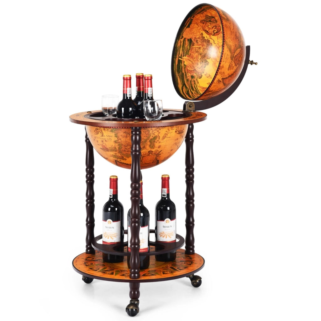 Supporto mappamondo porta vini girevole per casa e bar, Porta vino per liquori e bicchieri a stelo 47x47x90cm