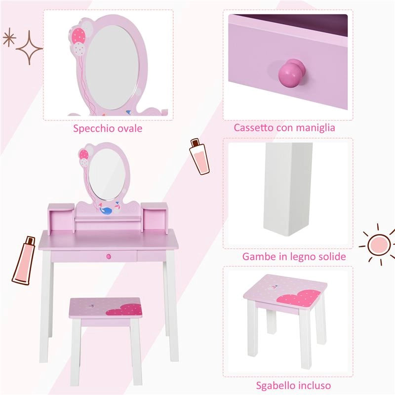 SET TAVOLO SPECCHIO E SGABELLO IN LEGNO PER BAMBINI ROSA