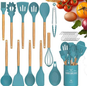 Set di accessori da cucina - utensili da cucina resistenti al calore con maniglia in legno - oggetti in silicone - blu