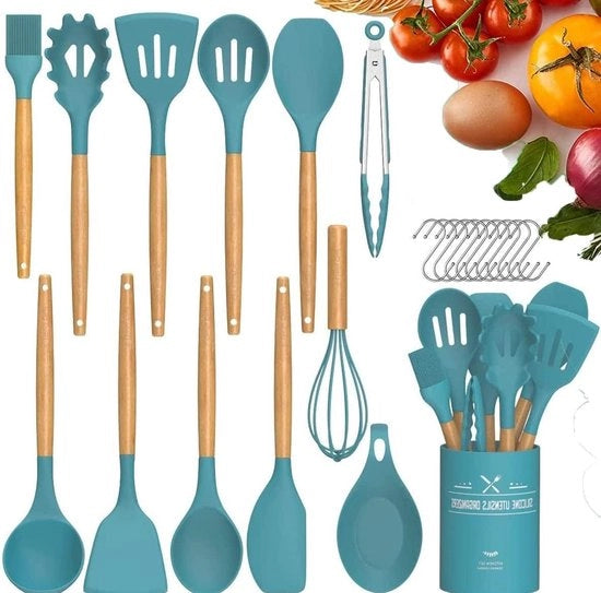Set di accessori da cucina - utensili da cucina resistenti al calore con maniglia in legno - oggetti in silicone - blu