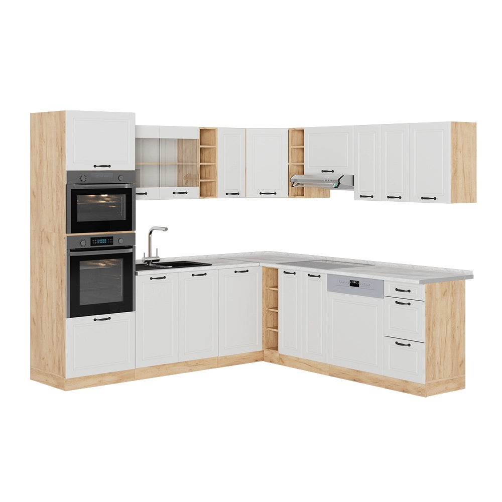 Cucina angolare completa R-Line Bianco rustico/Rovere dorato 247 x 237 cm, PL Marmo Vicco