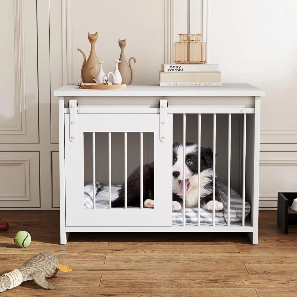 Cuccia per Cani da Esterno ed Interno, Gabbia in Legno con Ampio Piano Superiore, Porta Scorrevole, Tubi in Metallo Resistenti alla Masticazione, Casetta per Cani Piccoli e Medie (Bianco)