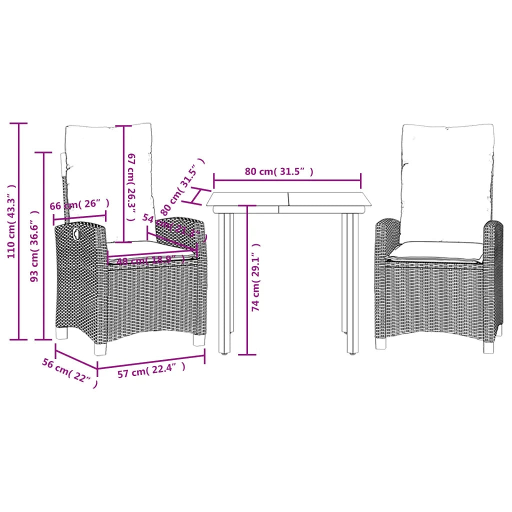 Set da Pranzo da Giardino 3pz | Set Salotto da Giardino con Cuscini in Polyrattan Marrone