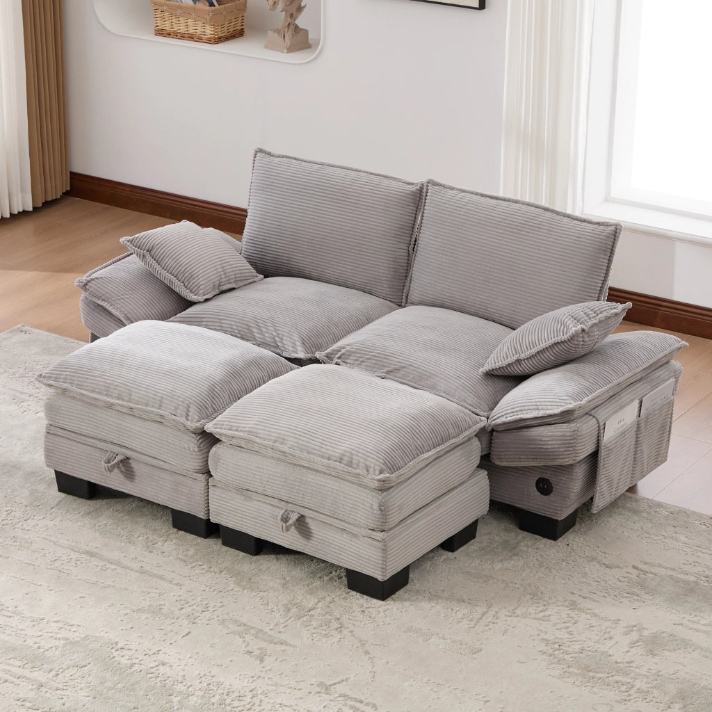 Divano modulare 2 posti in velluto a coste con pouf, usb-c, tasche laterali e seduta ergonomica, grigio chiaro