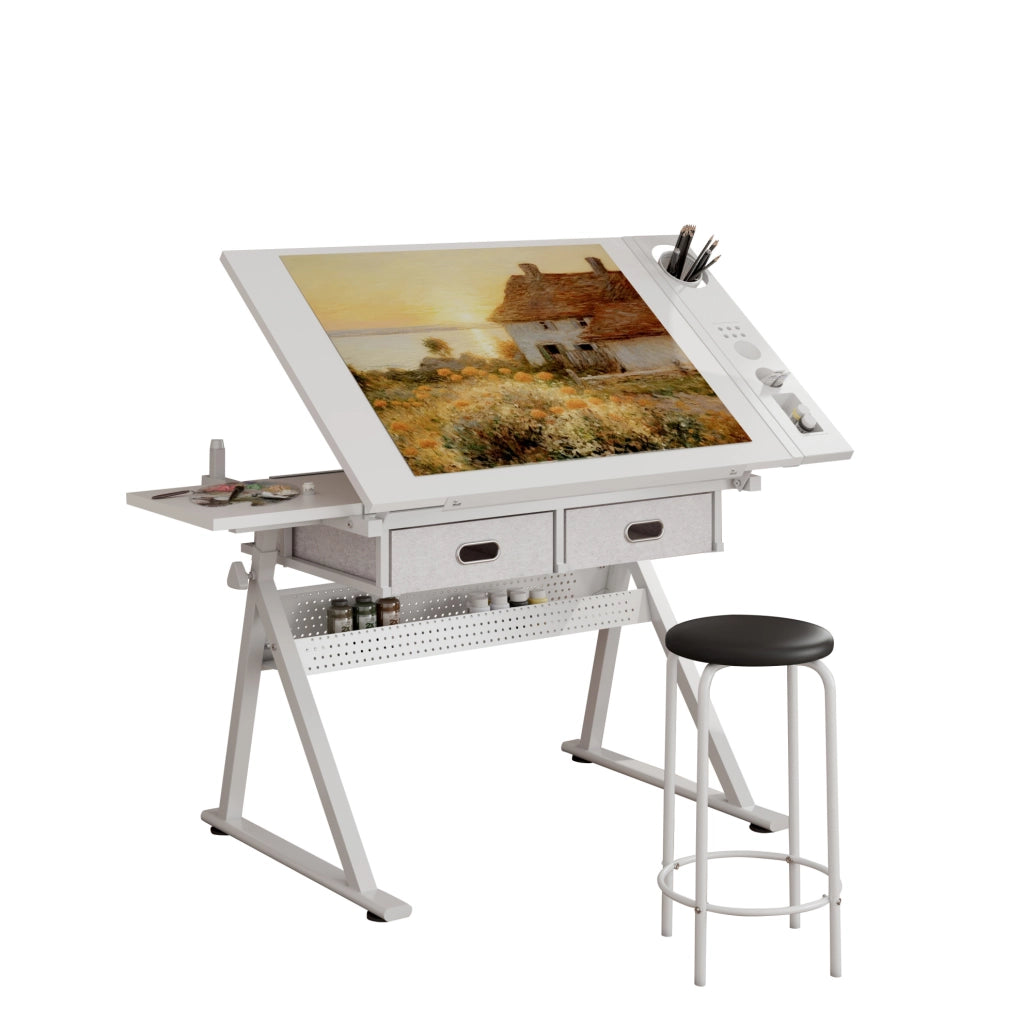 Scrivania da disegno regolabile con 2 cassetti e sgabello bianco per casa e ufficio