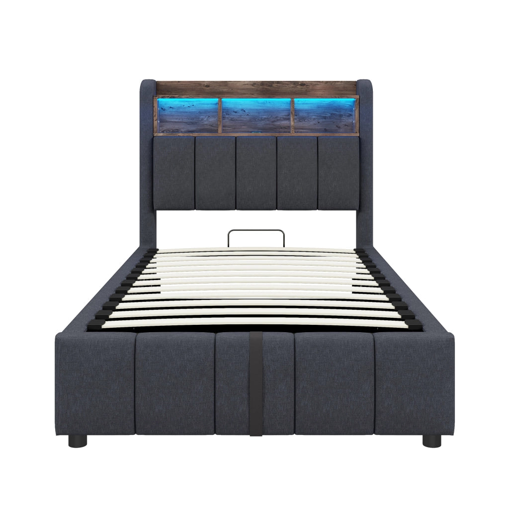 Letto imbottito singolo 90x200 cm grigio con LED, USB-C e contenitore idraulico