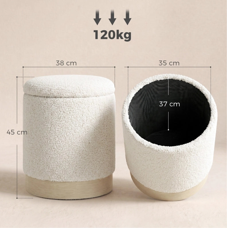 Pouf contenitore rotondo 38x38x45 cm crema in poliestere, seduta 3 in 1 -