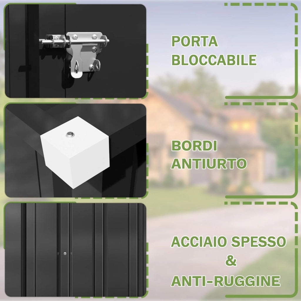 Casetta per attrezzi in metallo, 96 x 98 x 160 cm, con tetto spiovente, forte e antiruggine, con guanti da lavoro, porta girevole bloccabile, piccola casetta da giardino in acciaio per cortile