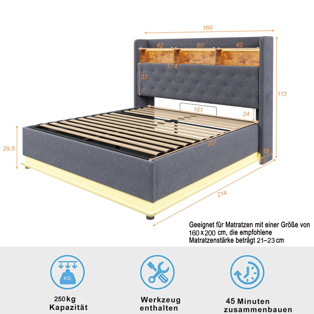 Letto imbottito ULEVR 180x200 cm con contenitore idraulico, LED multicolore e USB, grigio