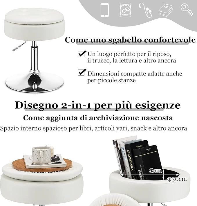Sgabello Girevole Altezza Regolabile con Portaoggetti, Poggiapiedi Sgabelli da Trucco, Tavolino da Caffè, Sgabello da Lavoro Rotondo in Finta Pelle per Bar, Ufficio, Soggiorno, Camera (Bianco)