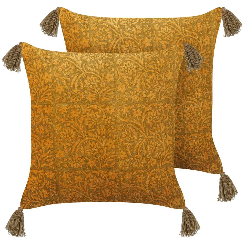 Set di 2 cuscini decorativi velluto giallo 45 x 45 cm motivo floreale nappe blocco stampa boho decor accessori