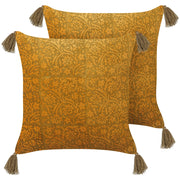 Set di 2 cuscini decorativi velluto giallo 45 x 45 cm motivo floreale nappe blocco stampa boho decor accessori