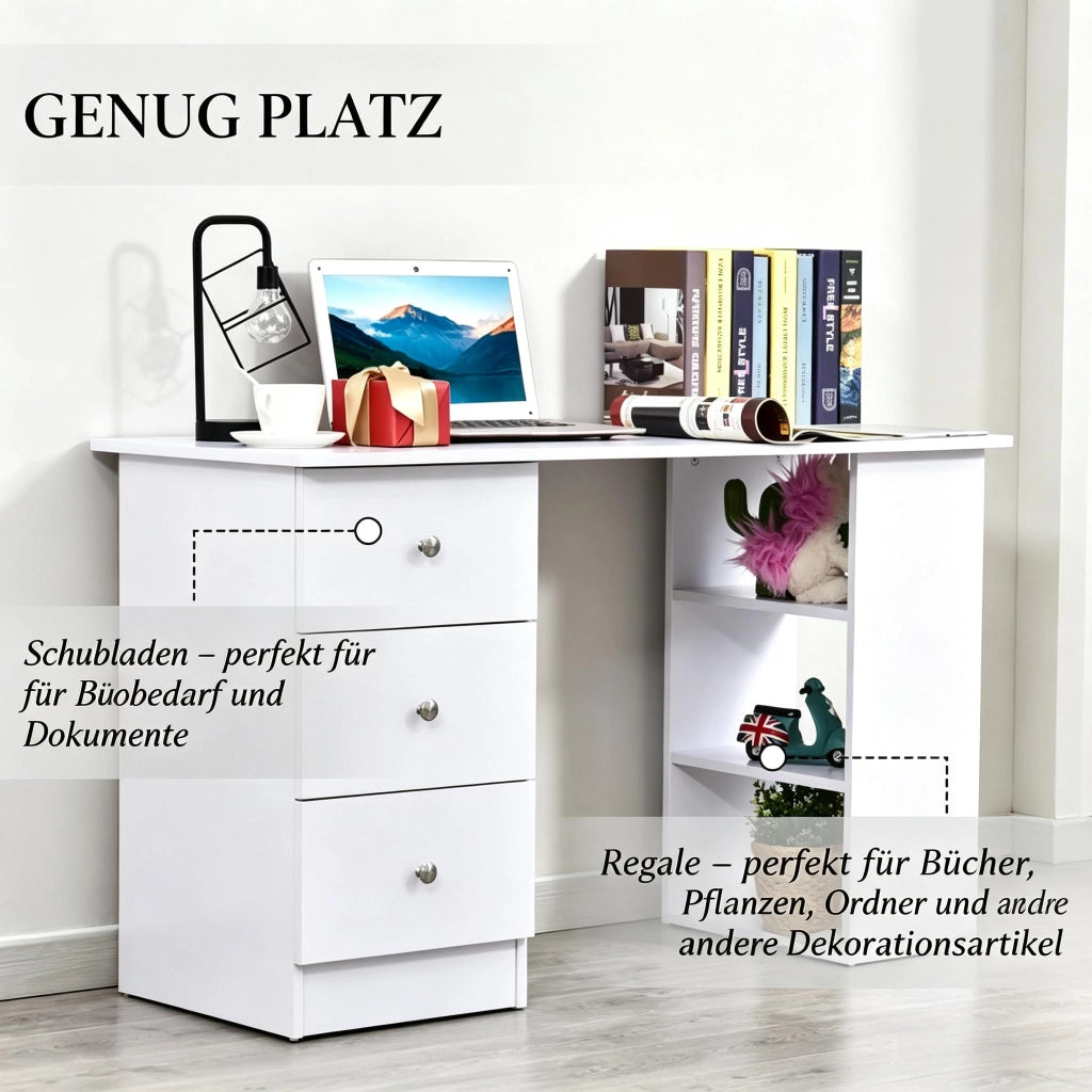 SCRIVANIA Multi-Storage 120x49x72 cm MDF e metallo Bianca 3 cassetti