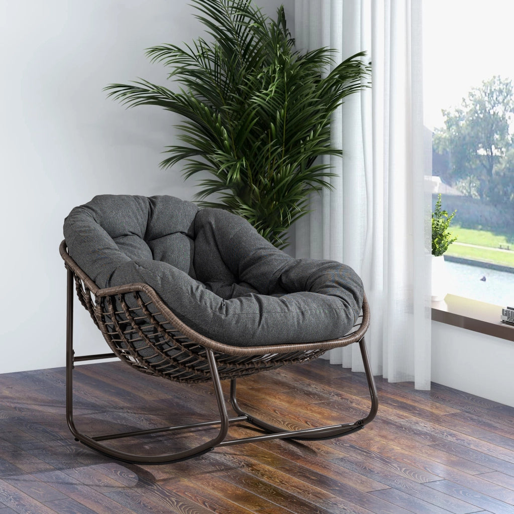 SEDIA A DONDOLO 78x106x90 cm GRIGIA IN RATTAN E ACCIAIO