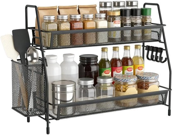 Organizzatore per cucina a due piani, metallico, per lavoro sul piano di lavoro, nero