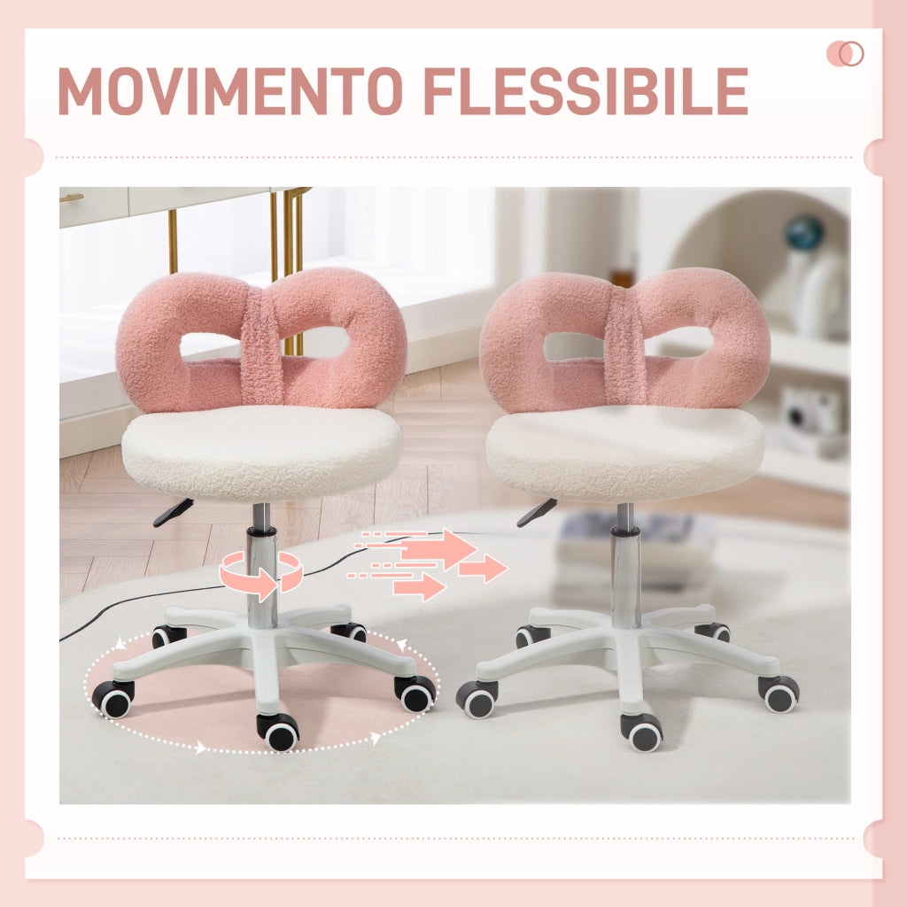 Sgabello Girevole con Schienale a Forma di Fiocco 50x50x63-77 cm in Tessuto Teddy Rosa e Bianco