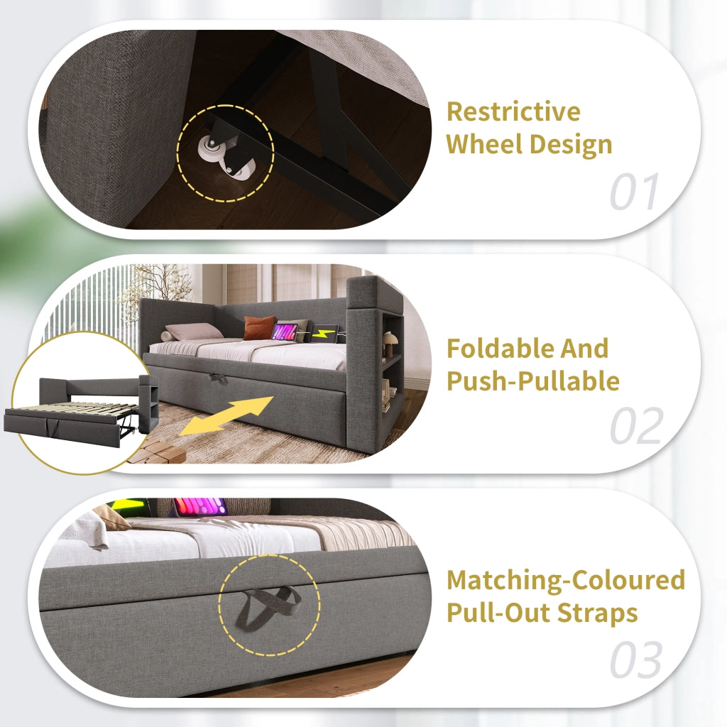 Letto Estraibile 90x190 cm; Letto Singolo - USB; Type-C e Portabicchieri - Grigio