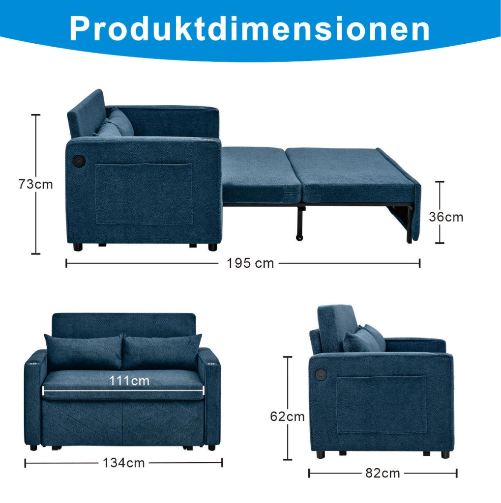 Divano letto 2 posti navy blue con sistema a scorrimento e ricarica USB
