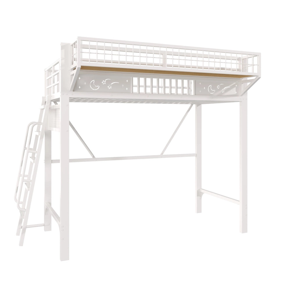 Letto a soppalco 90x200 cm in metallo bianco con vani contenitore e scala reversibile