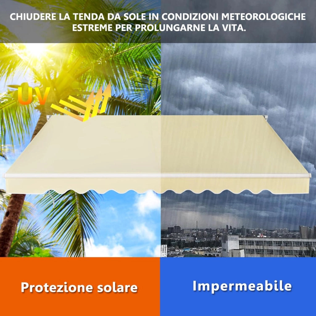 Tenda da Sole per Esterno Avvolgibile 3,6 x 3 M, Tenda da Sole a Bracci Estensibili con Telaio in Alluminio, Tettuccio Resistente al Sole e Impermeabile e Manovella (3,6 x 3 M, Beige)
