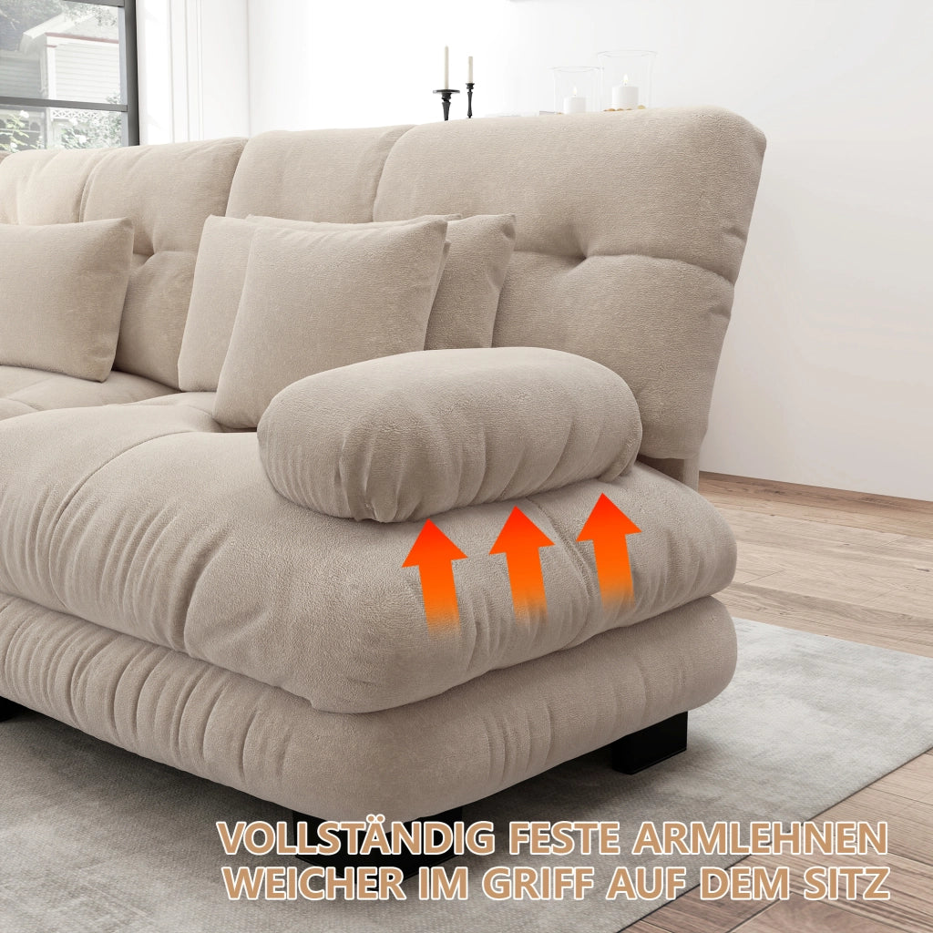 Divano angolare modulare con seduta profonda e pouf mobile, in ciniglia beige chiaro 406 × 145 × 81 cm