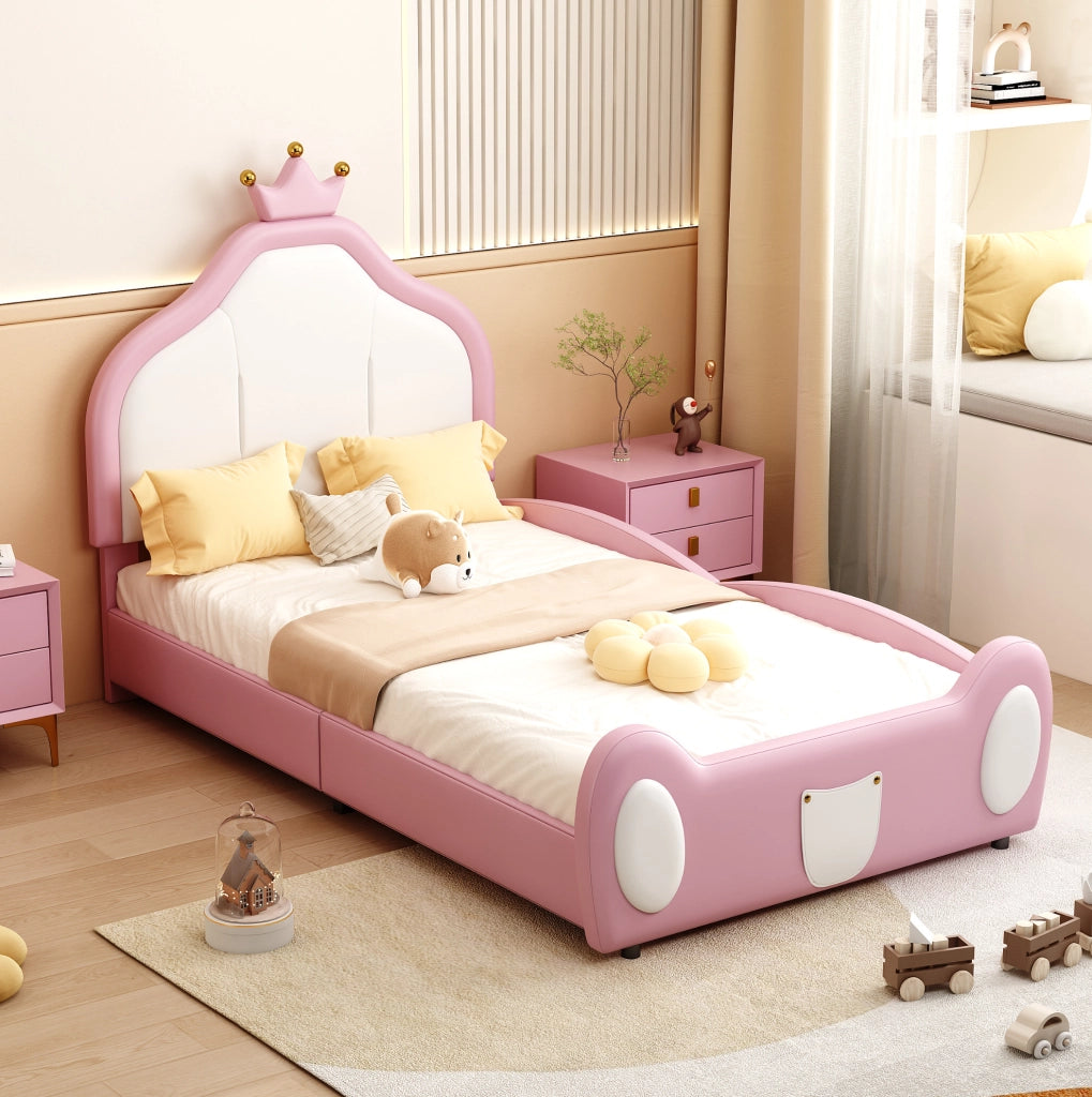 Letto singolo imbottito ULEVR 90x200 cm con testiera a corona, similpelle rosa e bianca