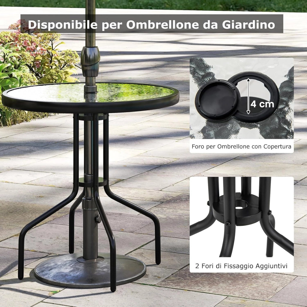Tavolo da Giardino Rotondo 70 cm, Tavolino da Balcone in Vetero e Metallo, con Foro per Ombrellone 4 cm, per Giardino Patio Cortile, Portata 50 kg (70 x 70 cm)