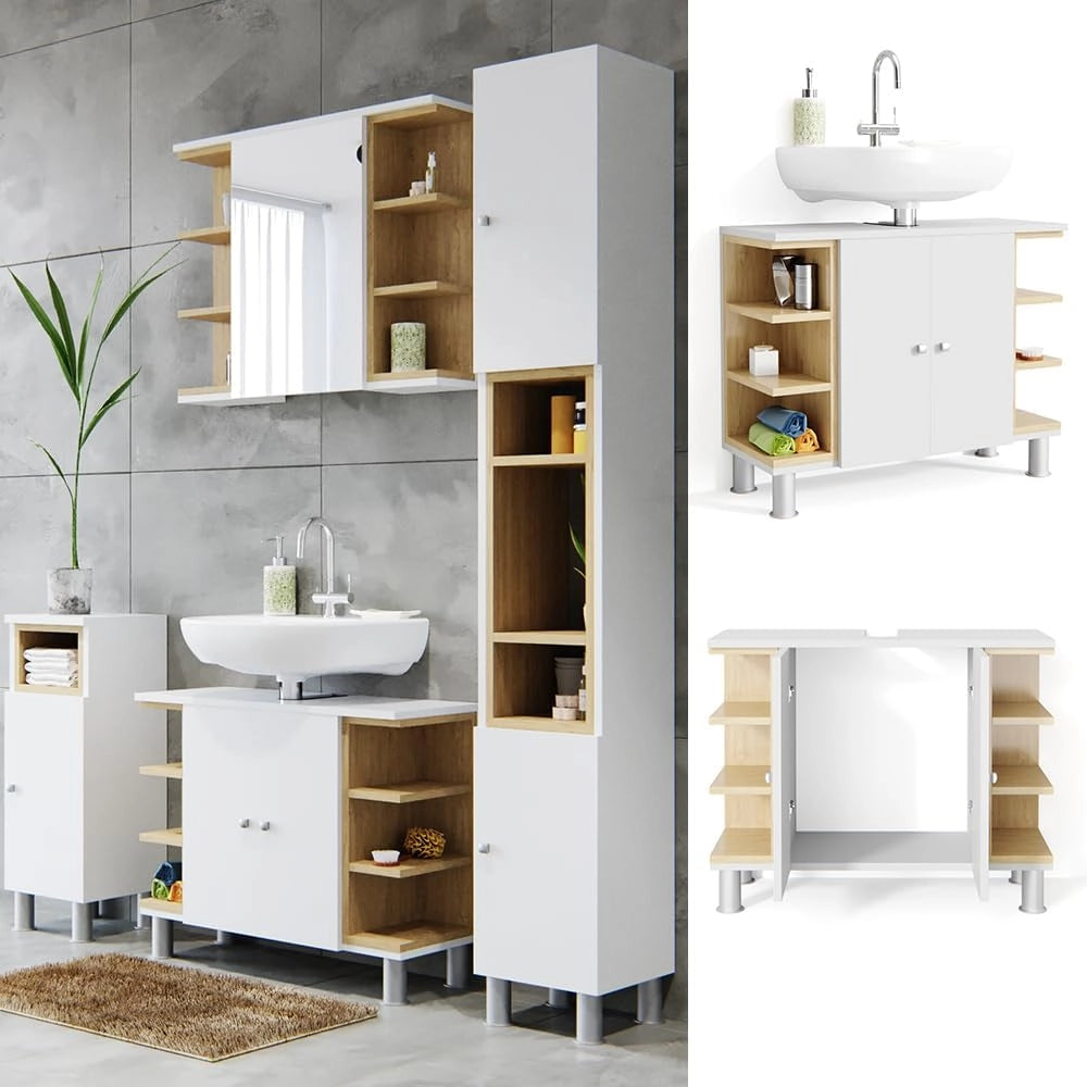 Mobile sottolavabo per bagno Aquis, Bianco, 79.6 x 64 cm, per la conservazione in bagno e combinabile con Aquis