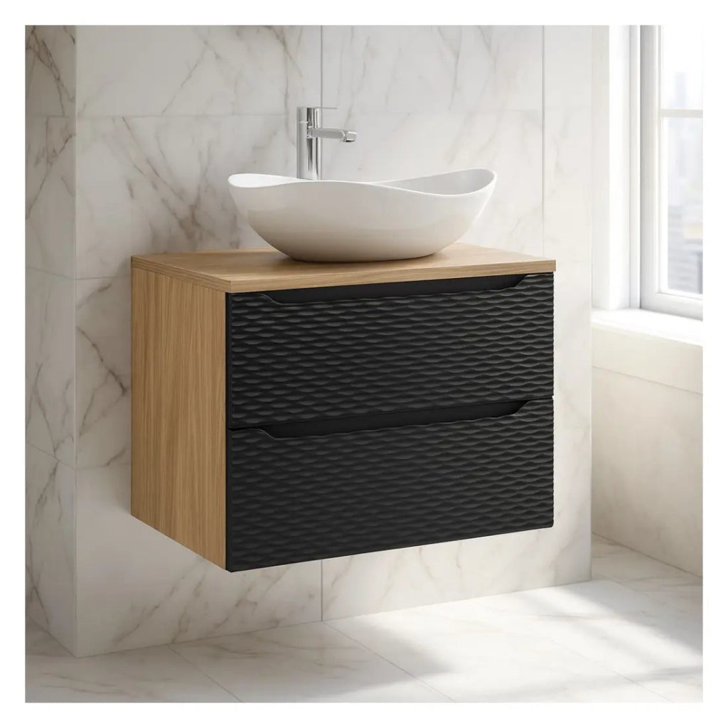 Set da bagno YOKA nero: mobile sotto lavabo con cassetti 70 cm + piano per lavabo + lavabo da appoggio