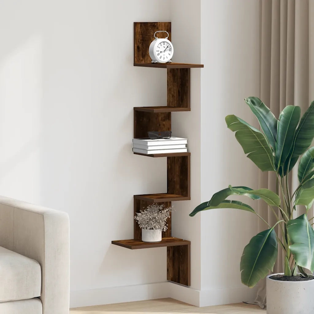 Scaffale Angolare a Muro | Mensola a parete Rovere Fumo 32x32x127,5 cm Truciolato