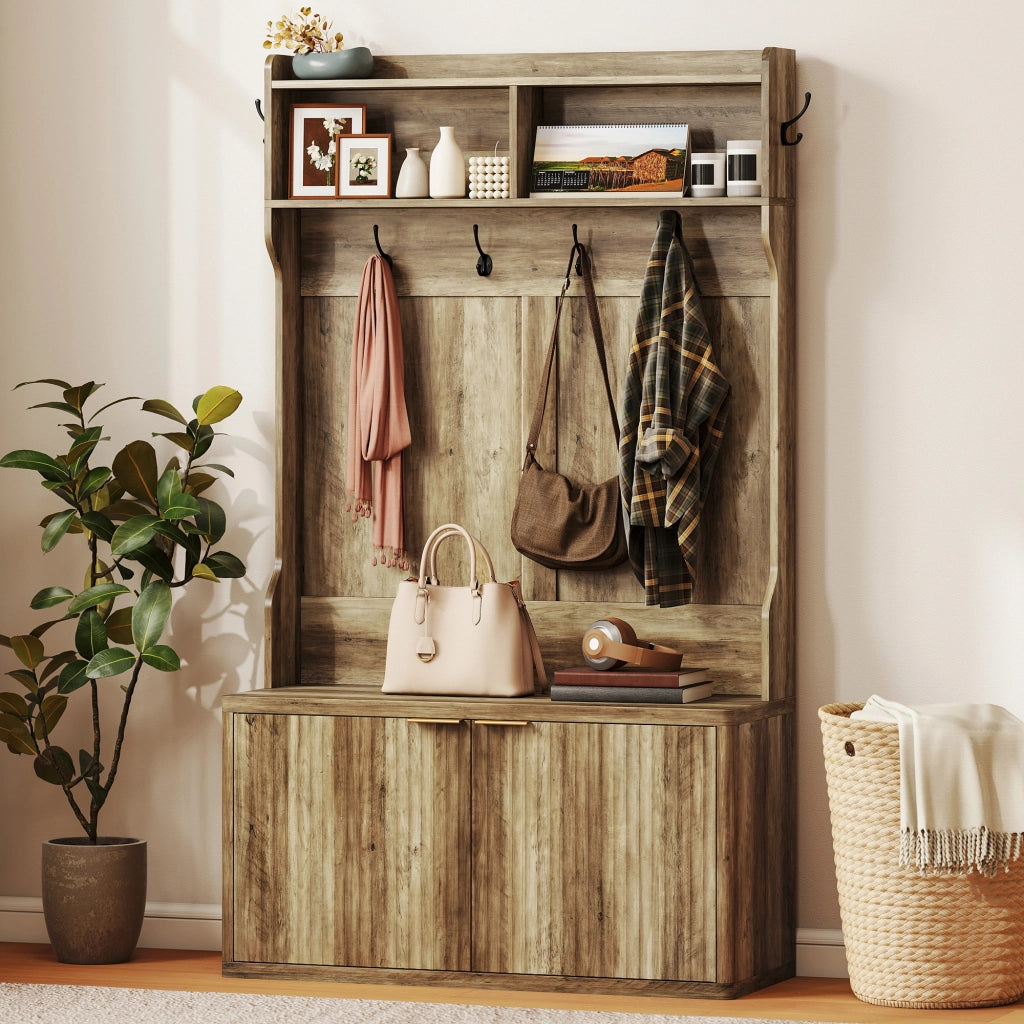 Appendiabiti con ripiano e scarpiera ¨C zephmum ¨C 100x38x172 cm rovere
