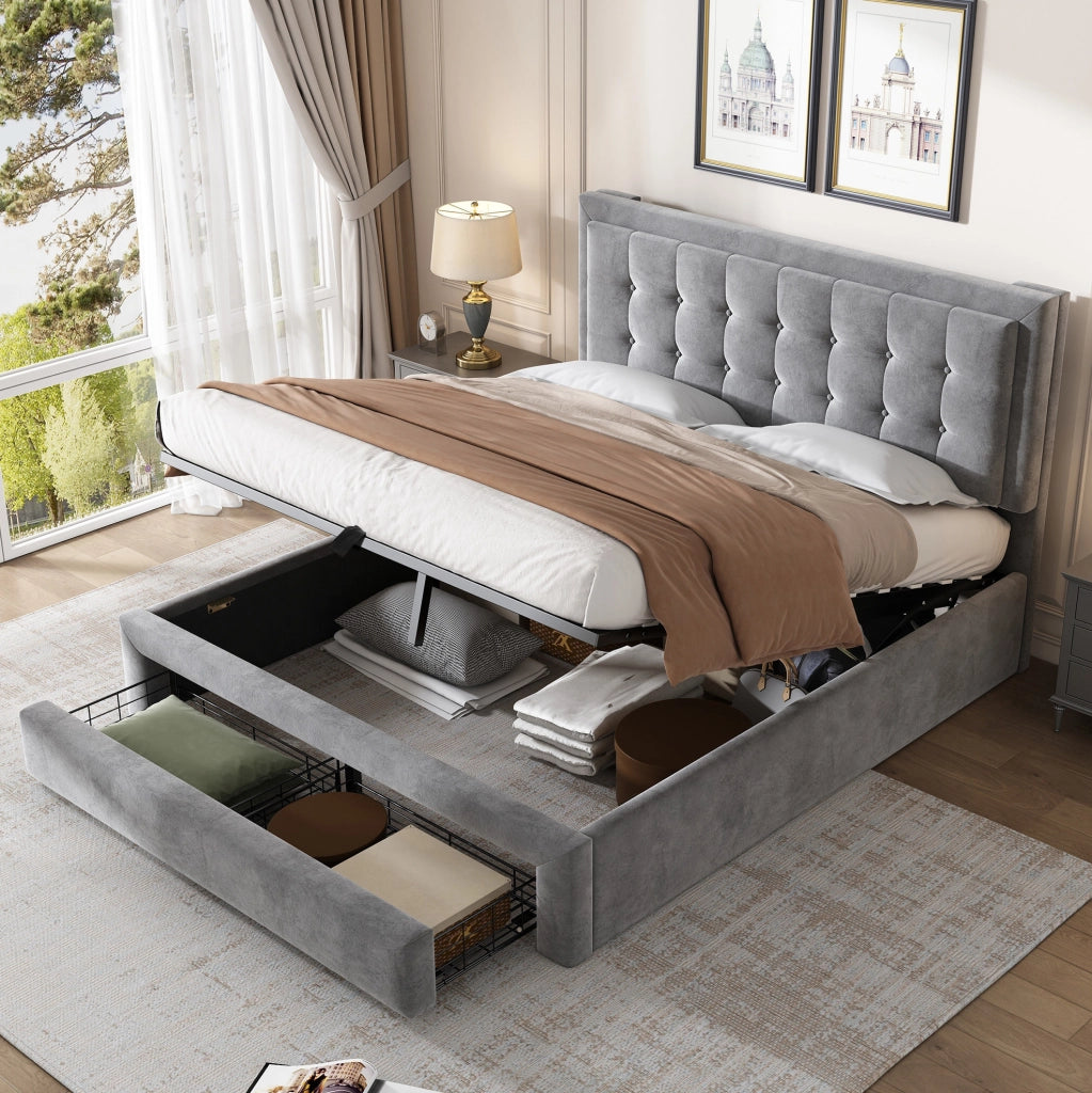 Letto imbottito in velluto grigio con testiera regolabile