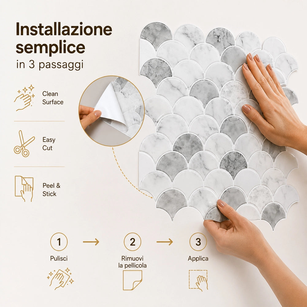 Set 10 Pannelli Adesivi Piastrelle da Parete 30,5 cm Decoro Squame di Pesce in PVC Grigio e Bianco