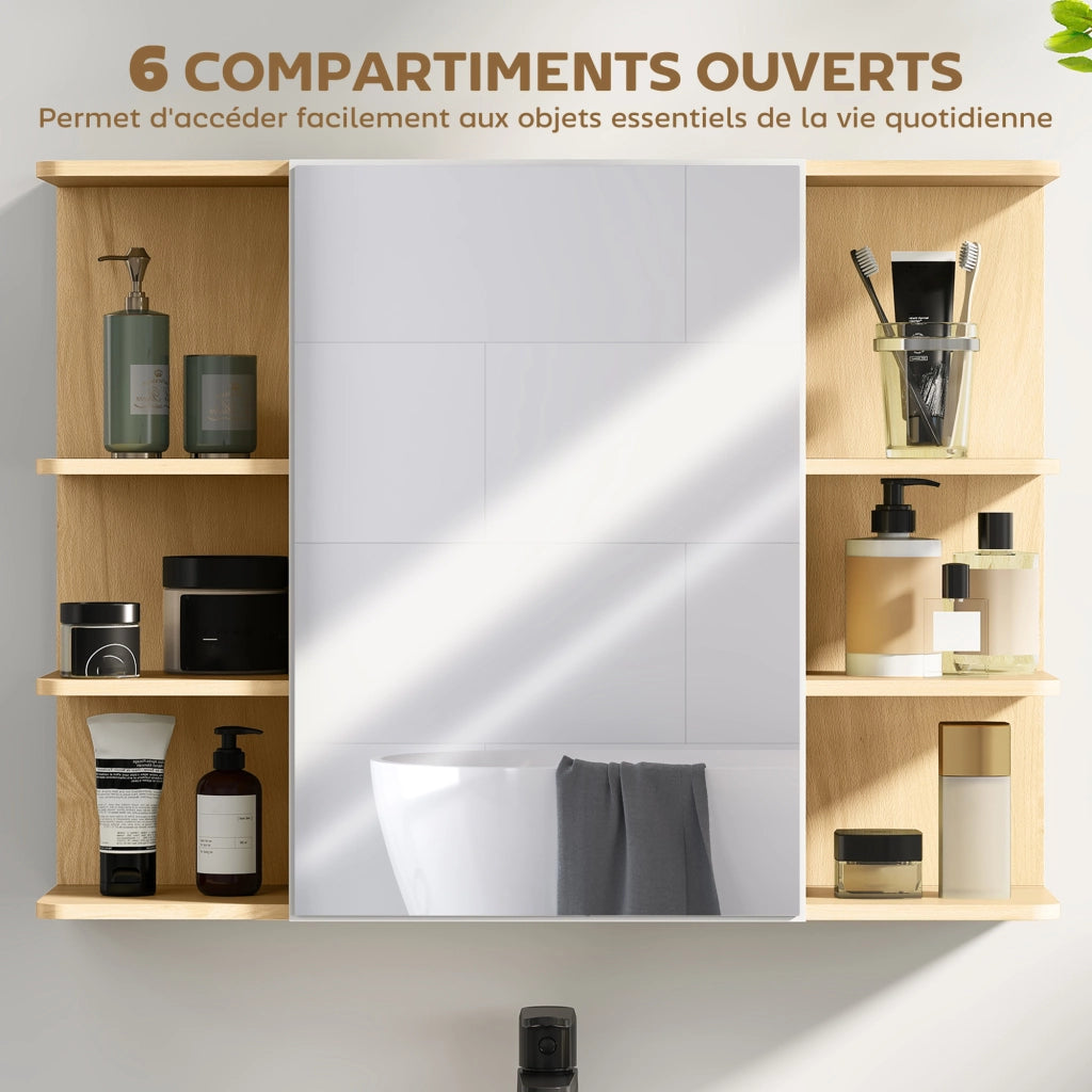 Armadietto da bagno con specchio e ripiani ¨C Zephmum ¨C Legno naturale 80x20x59 cm