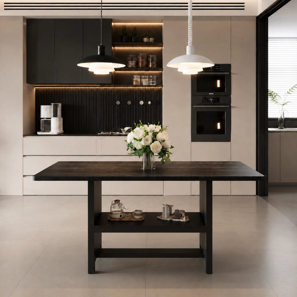 Tavolo da pranzo 160 cm nero MDF e metallo con ripiano integrato