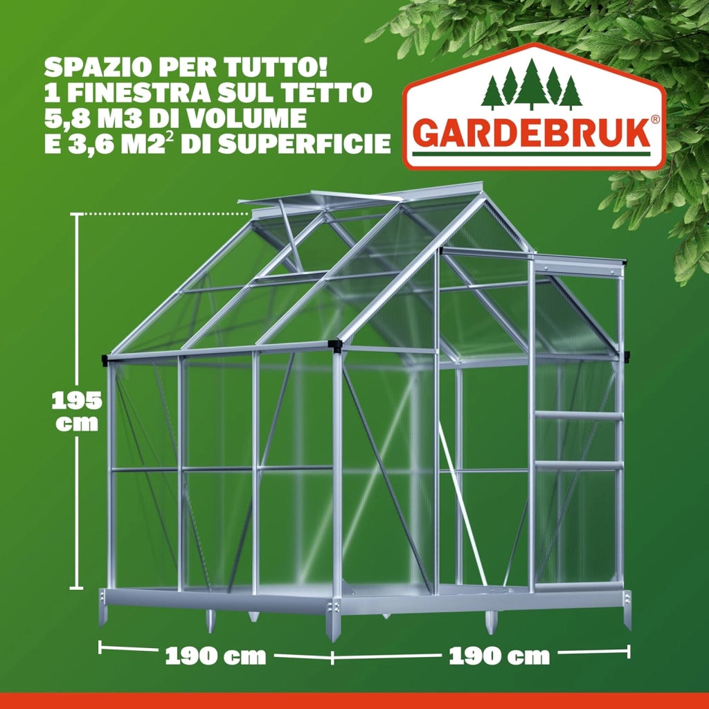 ® Serra da Giardino in Alluminio 3,6m² 190x190cm incl. Lucernario Coltivazione Orto per Piante Giardinaggio 5,8m³