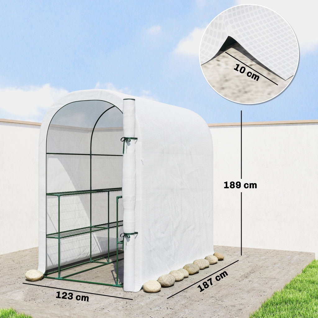 Serra da Giardino 123x187x189 cm con Scaffali a 2 Livelli e Porta Avvolgibile in Acciaio e PE Bianco
