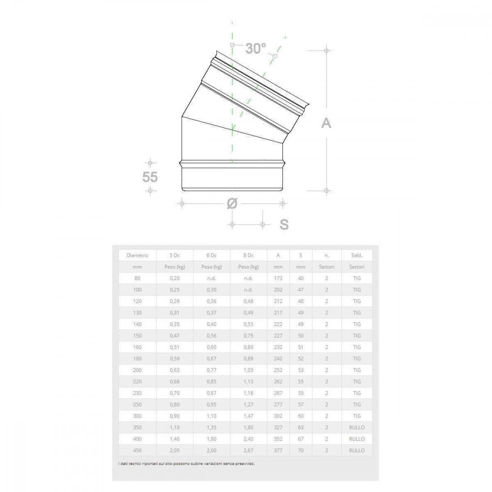 Gomito curva acciaio inox 160mm 5 decimi aisi 304, scegli se  30 gradi