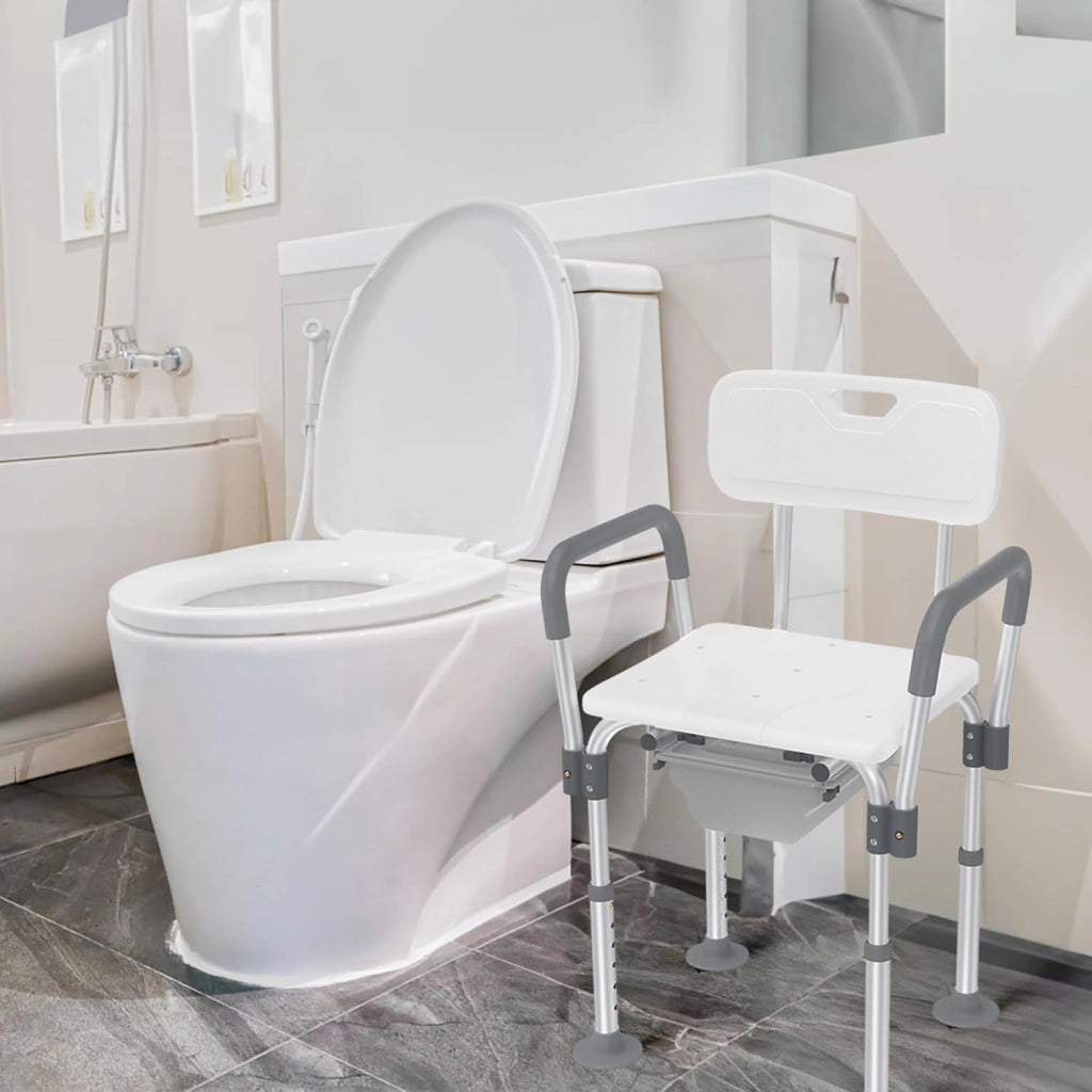 Sedia WC da doccia regolabile in altezza 2 in 1, sgabello da bagno con secchio, braccioli e schienale, per adulti e anziani