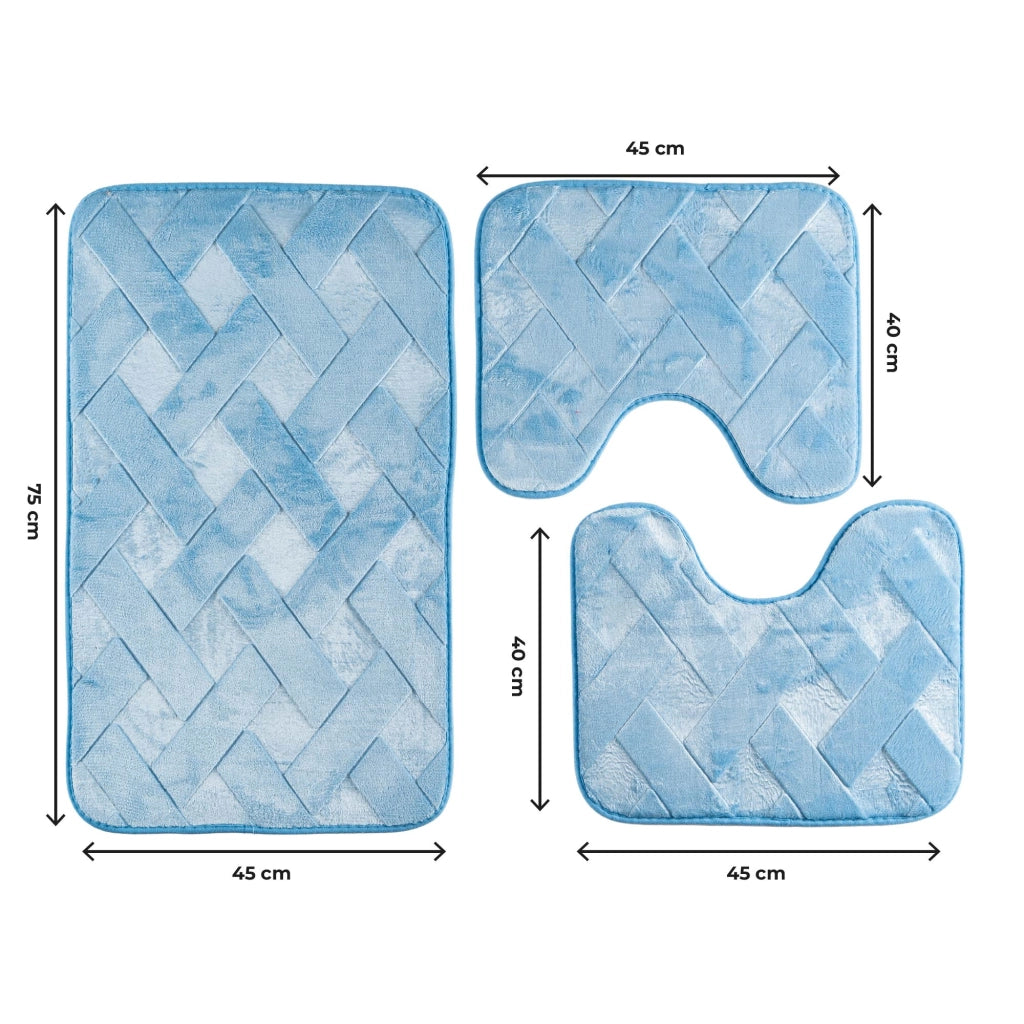 Set 3 Tappeti Bagno WC e Bidet Effetto Memory Morbidi Antiscivolo 1 Tappeto 45x75 cm 2 Tappeti 45x40 cm  Assorbenti,Lavabili Design Moderno Azzurro