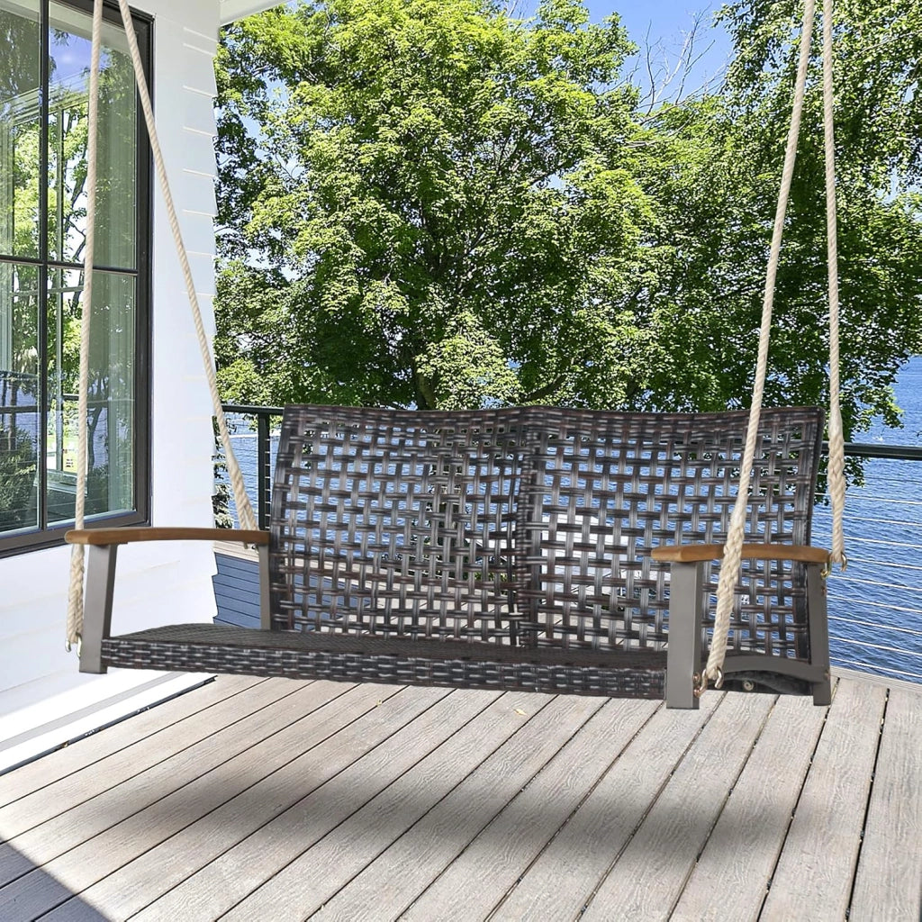 Altalena in vimini per 2 persone in rattan PE con schienale curvo per esterni, corde resistenti, capacità di carico di 360 kg, per terrazza, patio, giardino, balcone
